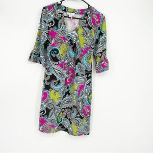 Jude Connally Brown Paisley Print Stretch 3/4 Ruffle Sleeve Dress Size Small